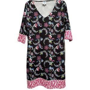 Tracy Negoshian Black Multi Color Print 3/4 Sleeve Dress Size M V Neck